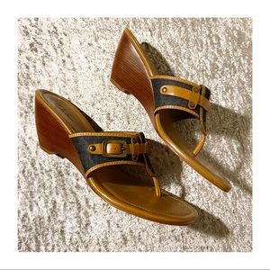 Cole Haan Brown Leather & Denim Wedge Thong Sandal